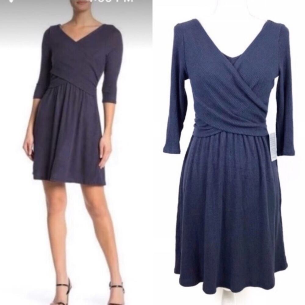 The Vanity Room Dress Faux Wrap Ribbed Mini Stretch Small Navy NWT